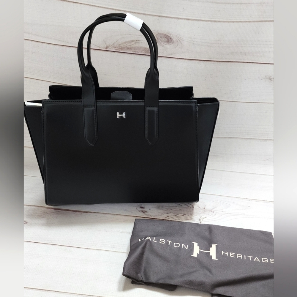 Halston Black Italian Leather Tote Handbag Large Structured Satchel $495 Retail - Picture 3 of 15
